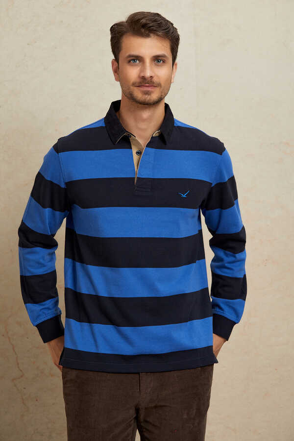 Lacivert - Royale %100 Pamuk Kadife Yaka Sweatshirt - 1