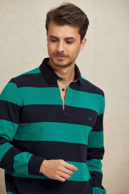 Lacivert - Yeşil %100 Pamuk Kadife Yaka Sweatshirt - 2