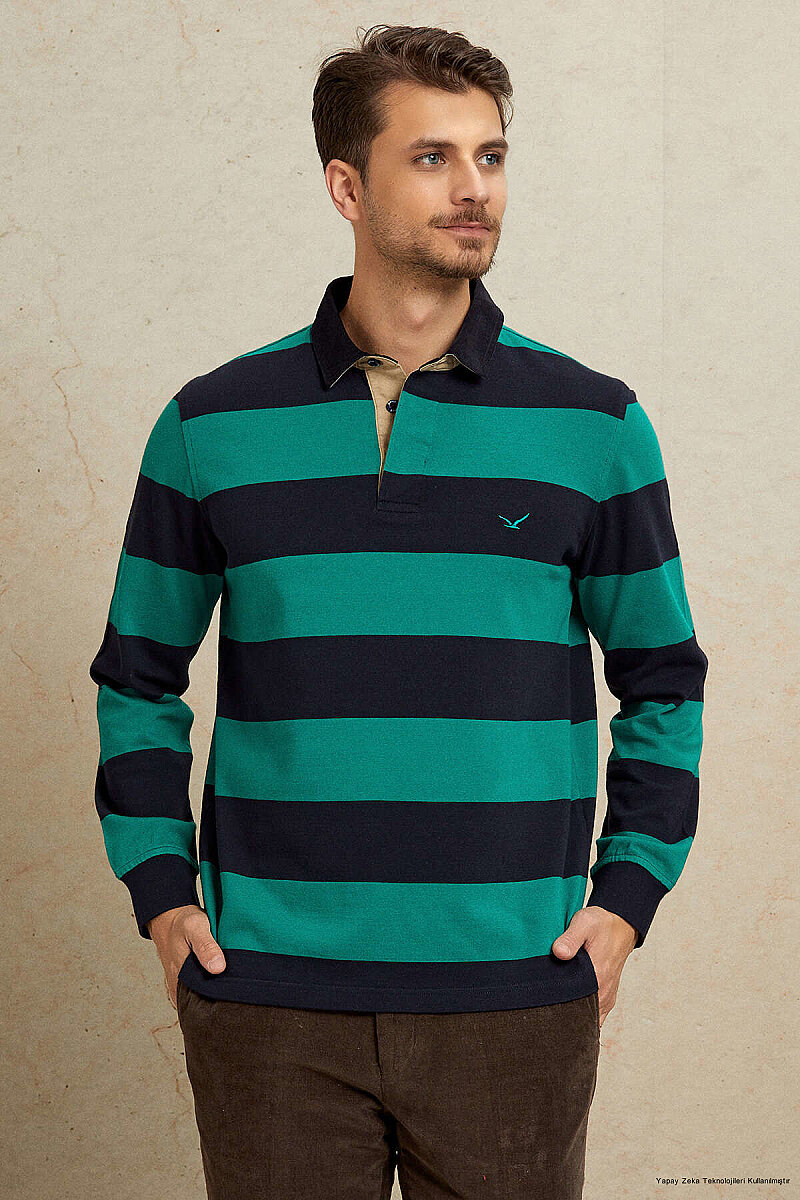 Lacivert - Yeşil %100 Pamuk Kadife Yaka Sweatshirt