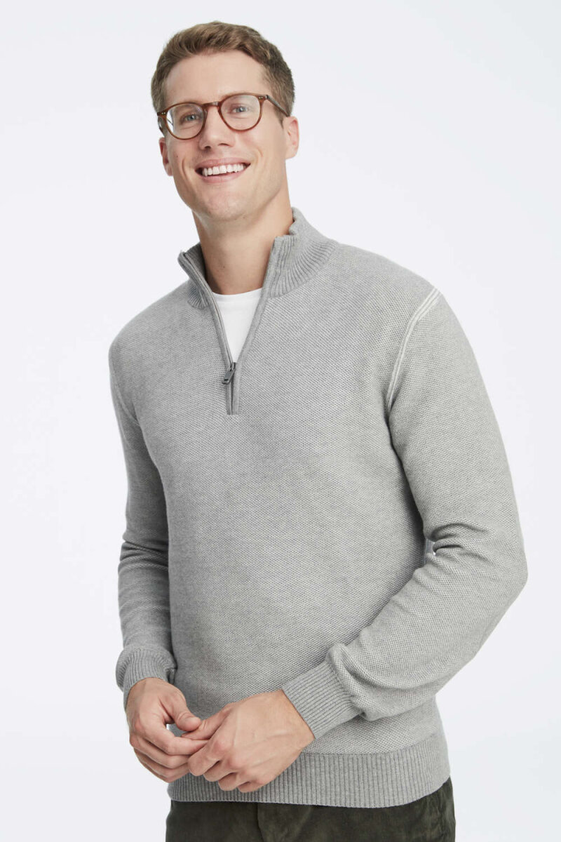 Grey 100% Cotton Jacquard Short Zip-Up Sweater (1)
