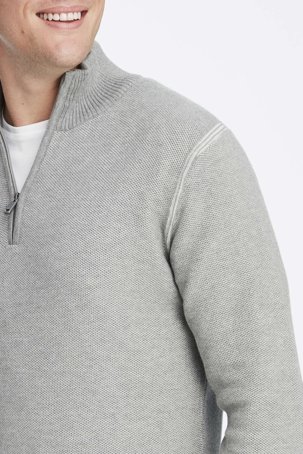 Grey 100% Cotton Jacquard Short Zip-Up Sweater - 3