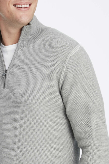 Grey 100% Cotton Jacquard Short Zip-Up Sweater - 3