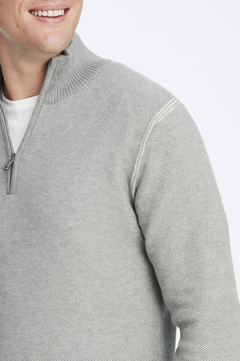 Grey 100% Cotton Jacquard Short Zip-Up Sweater - 3