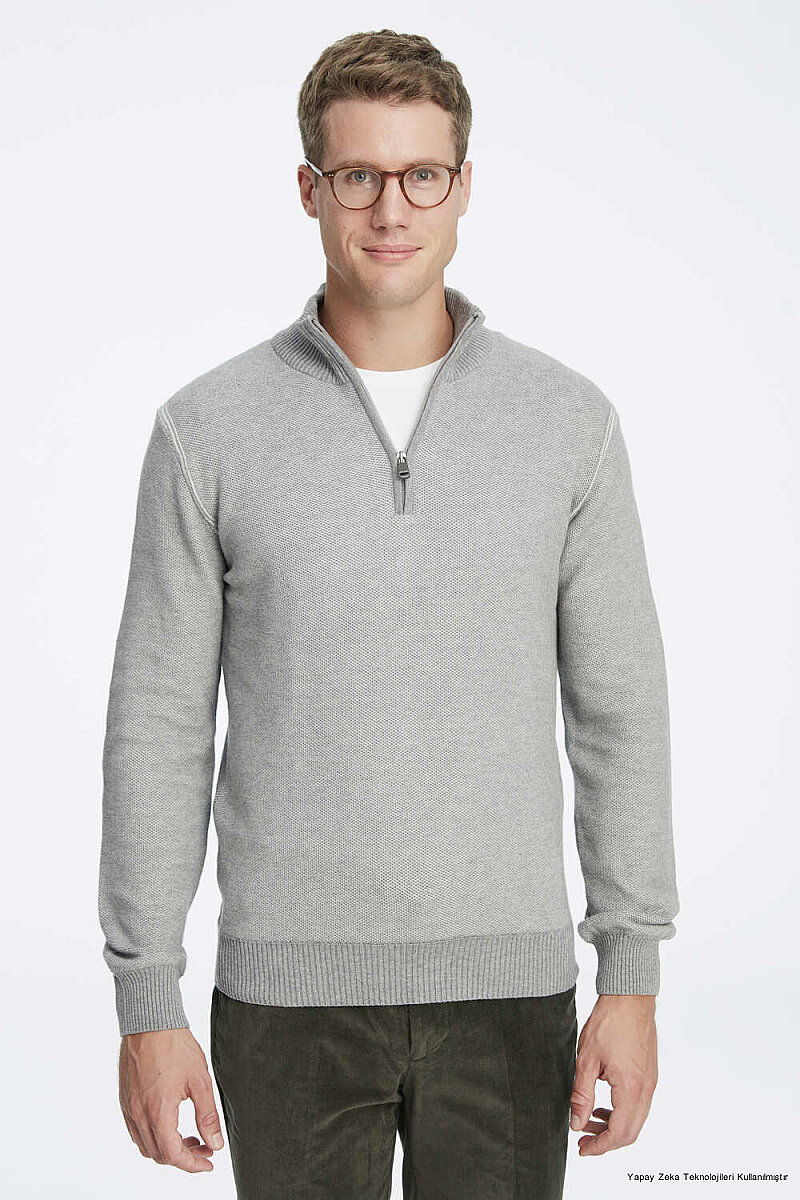 Grey 100% Cotton Jacquard Short Zip-Up Sweater (1)