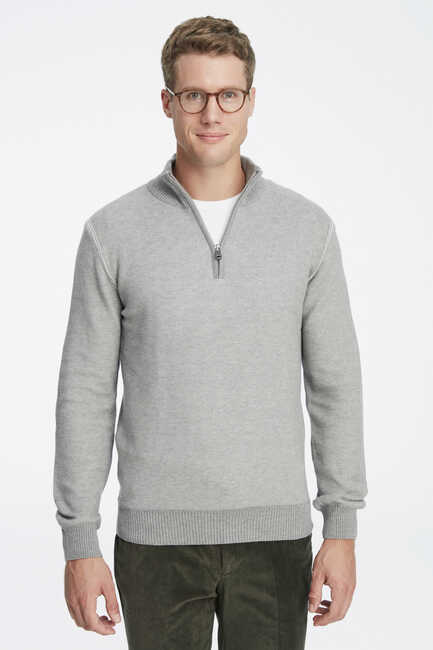 Grey 100% Cotton Jacquard Short Zip-Up Sweater - 1