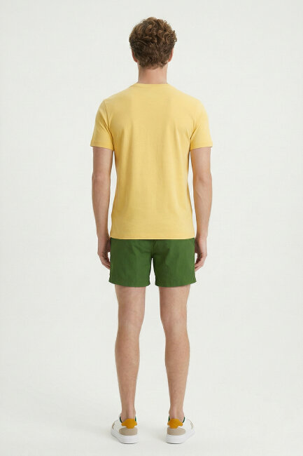 Sarı Pamuklu Bisiklet Yaka Baskılı Tişört - 6