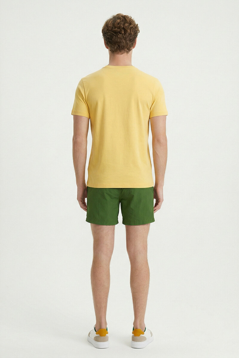 Sarı Pamuklu Bisiklet Yaka Baskılı Tişört - 6