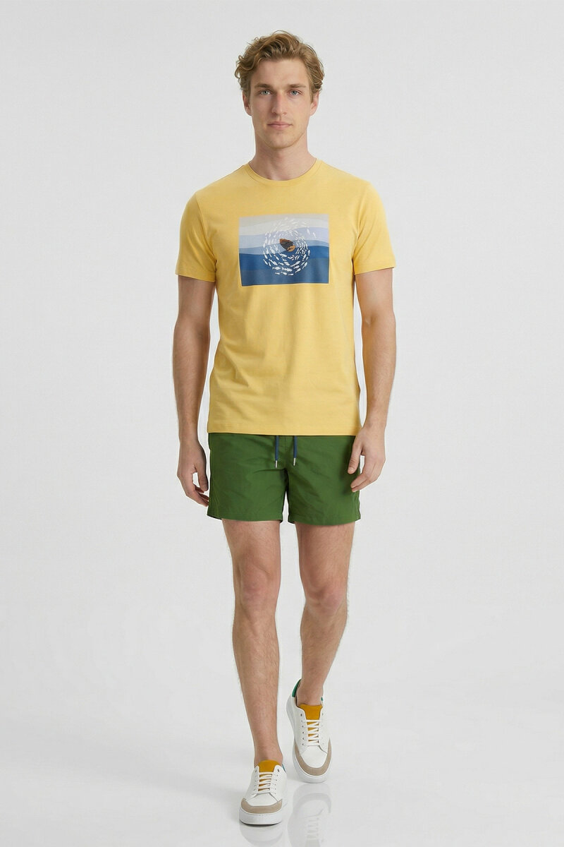 Sarı Pamuklu Bisiklet Yaka Baskılı Tişört - 4