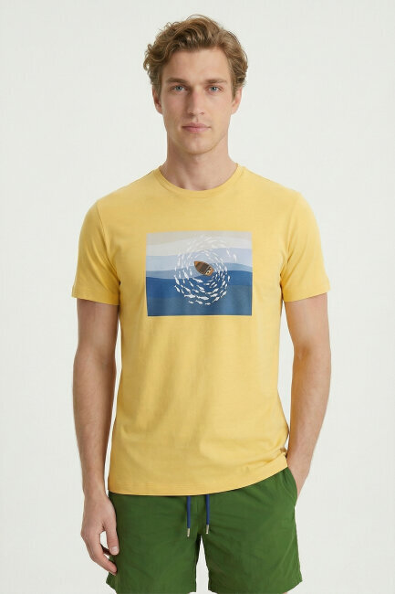 Sarı Pamuklu Bisiklet Yaka Baskılı Tişört - 1