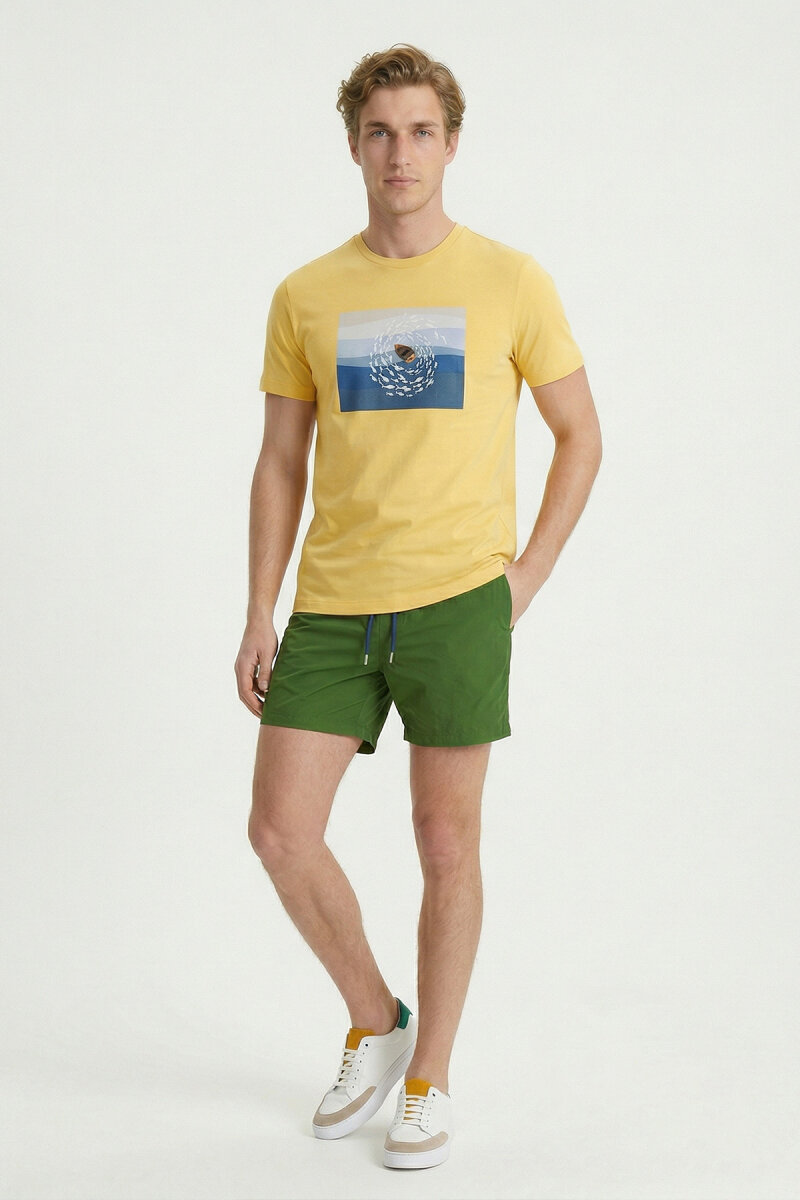 Sarı Pamuklu Bisiklet Yaka Baskılı Tişört (1)