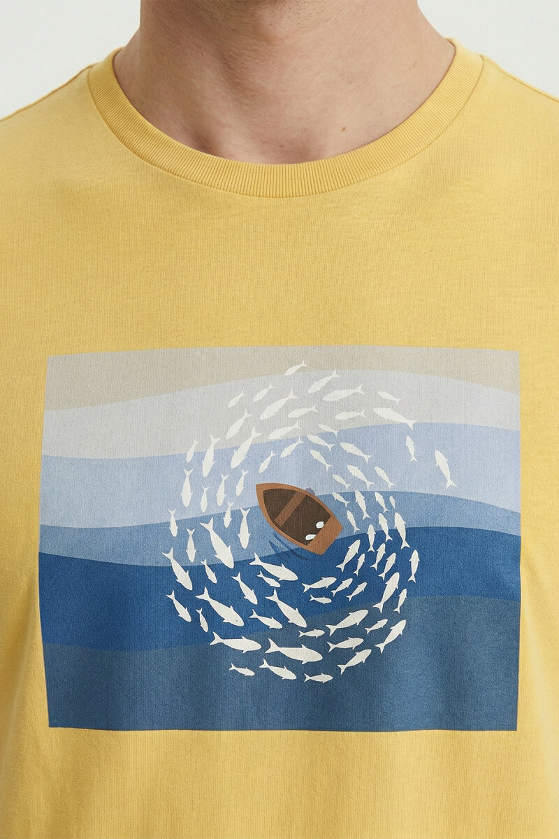 Sarı Pamuklu Bisiklet Yaka Baskılı Tişört - 3