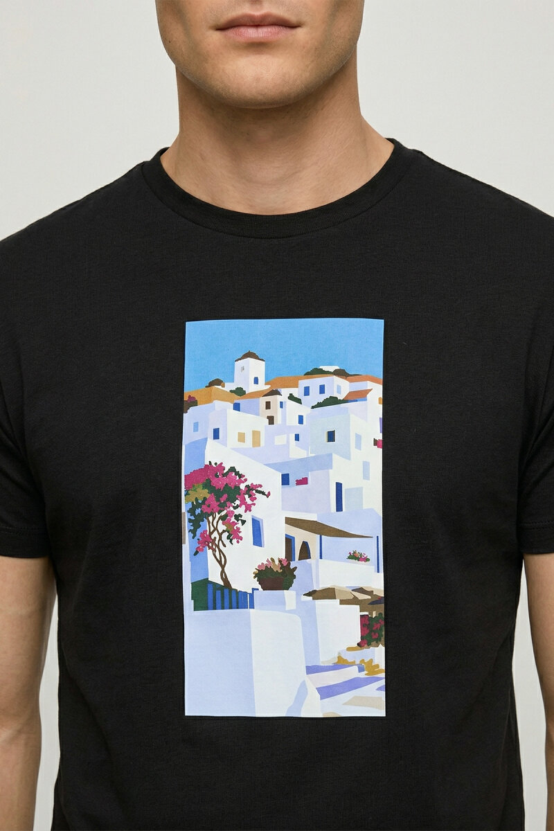 Siyah %100 Pamuk Baskılı Tişört - 3