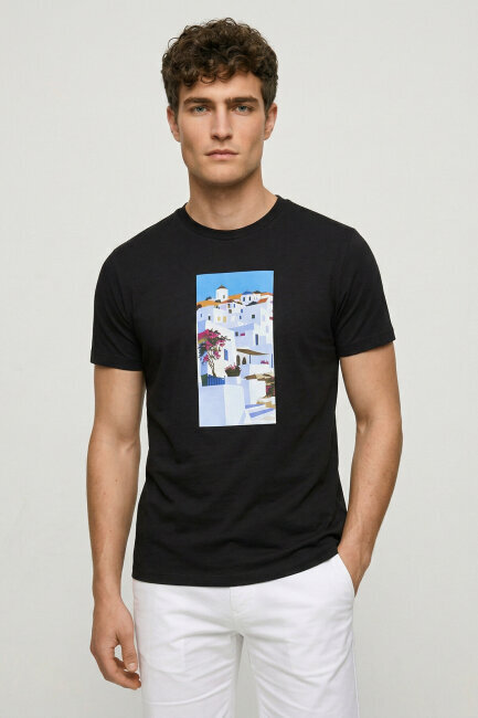 Siyah %100 Pamuk Baskılı Tişört 