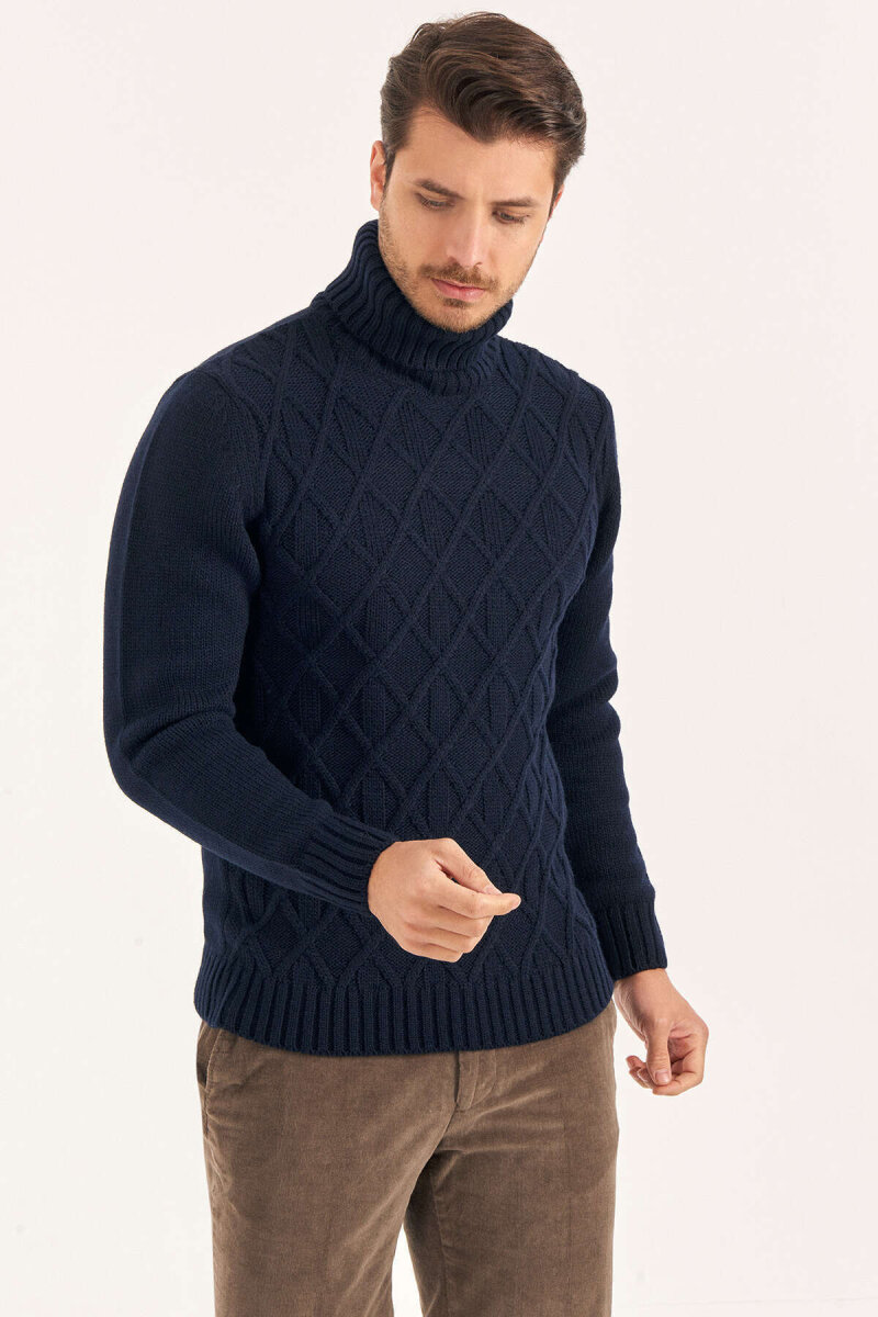 Navy Blue Wool Turtleneck Sweater - 2
