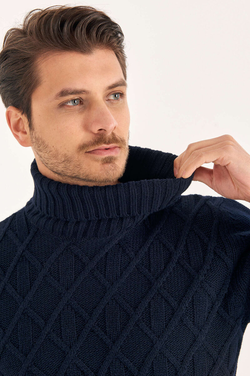 Navy Blue Wool Turtleneck Sweater - 3