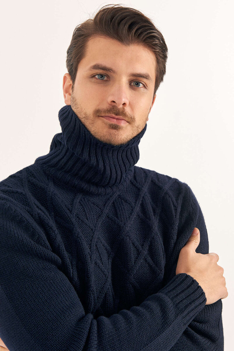 Navy Blue Wool Turtleneck Sweater - 4