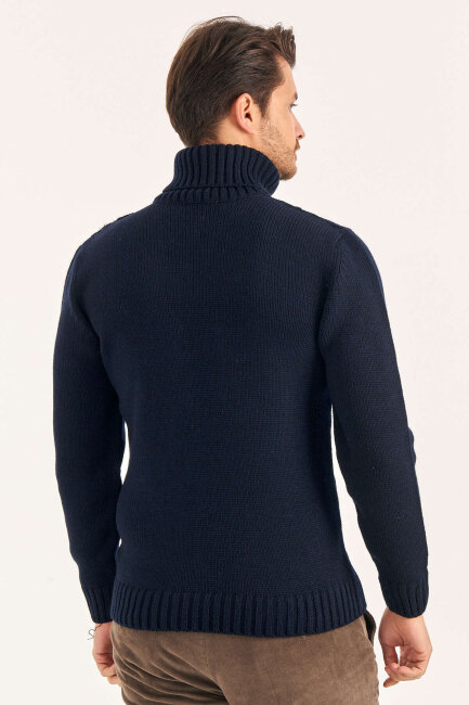 Navy Blue Wool Turtleneck Sweater - 5