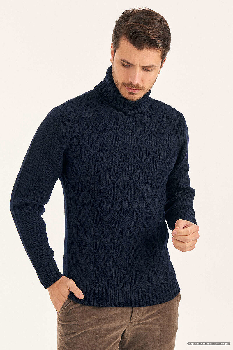 Navy Blue Wool Turtleneck Sweater