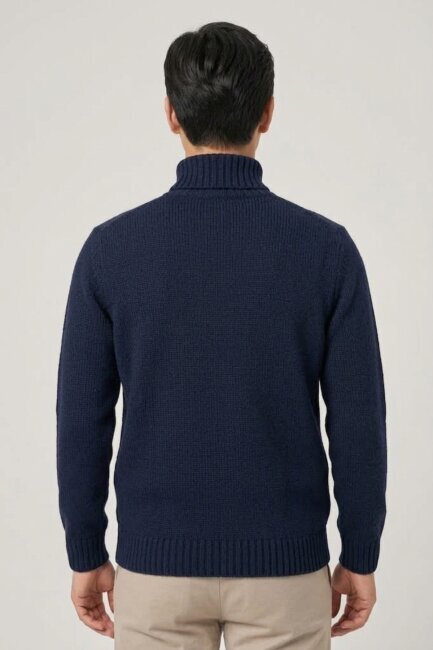 Navy Blue Wool Turtleneck Sweater - 4