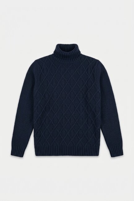 Navy Blue Wool Turtleneck Sweater - 1