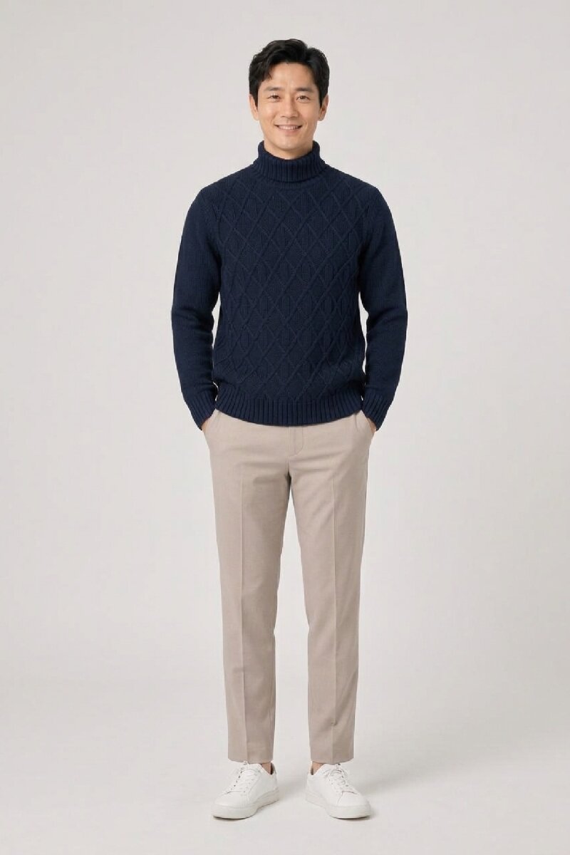 Navy Blue Wool Turtleneck Sweater - 3