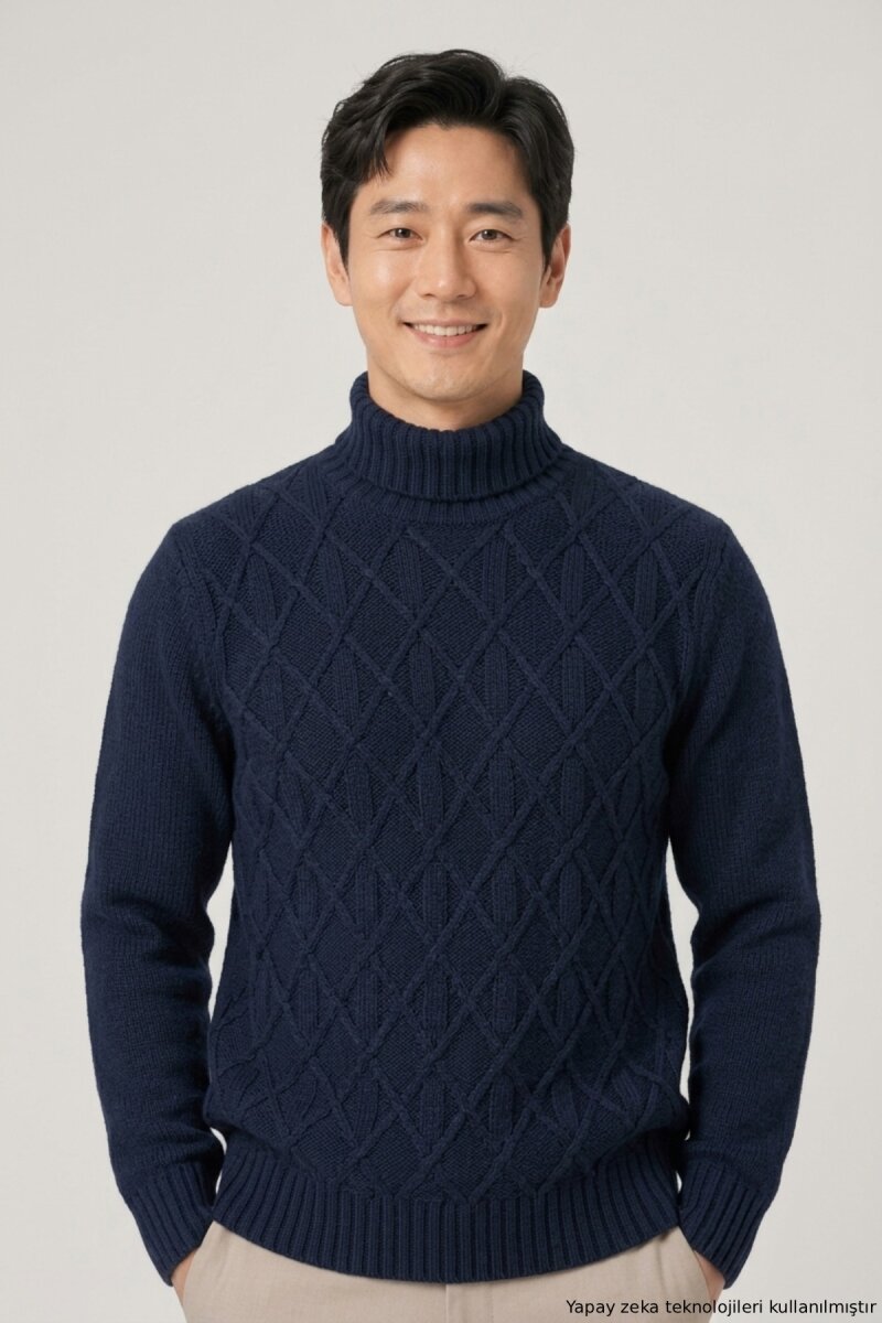 Navy Blue Wool Turtleneck Sweater - 2