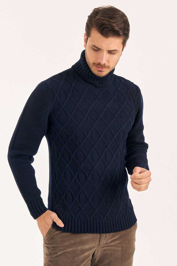Navy Blue Wool Turtleneck Sweater - 1