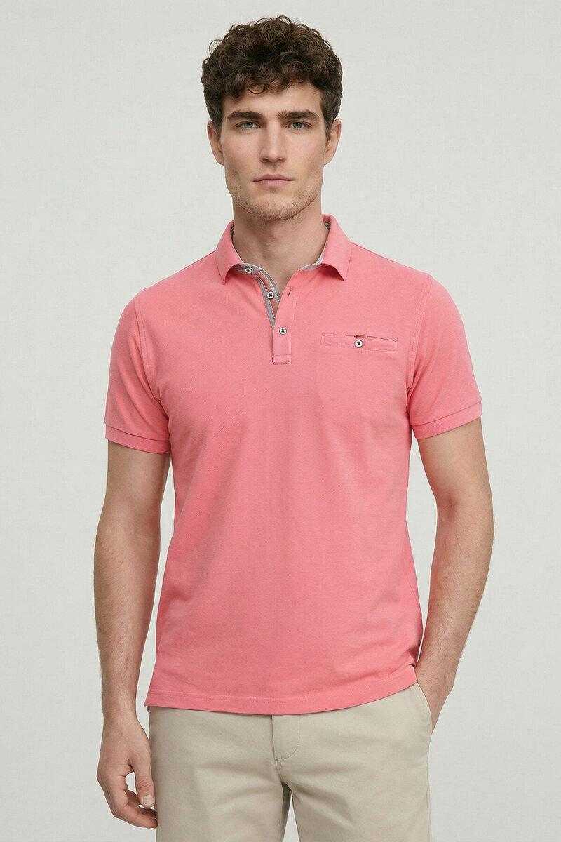 Pembe %100 Pamuk Polo Tişört - 1