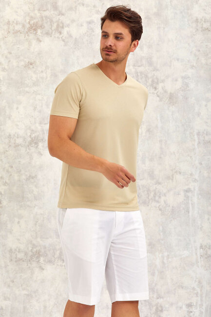 Beige V-Neck Basic T-shirt 