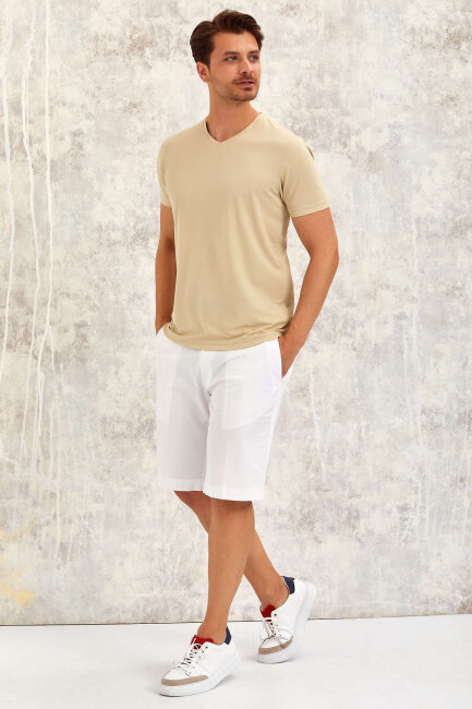 Beige V-Neck Basic T-shirt - 2