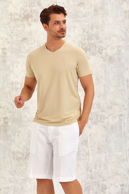 Beige V-Neck Basic T-shirt - 3