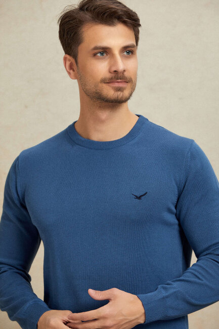 Dark Blue 100% Cotton Round Neck Sweater - 2