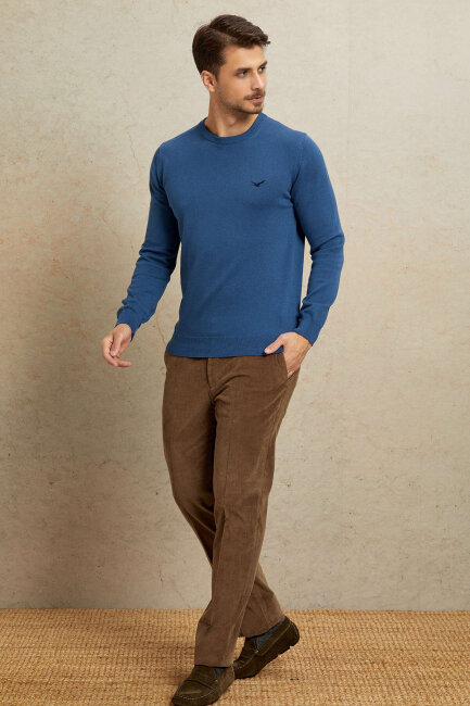 Dark Blue 100% Cotton Round Neck Sweater - 3