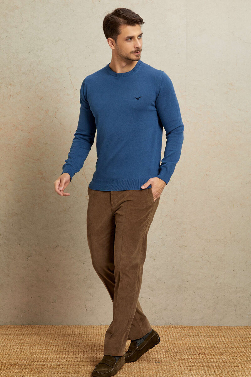 Dark Blue 100% Cotton Round Neck Sweater - 3
