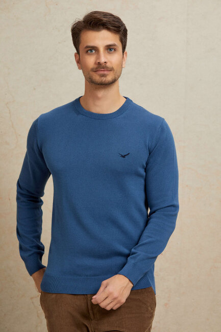 Dark Blue 100% Cotton Round Neck Sweater - 4