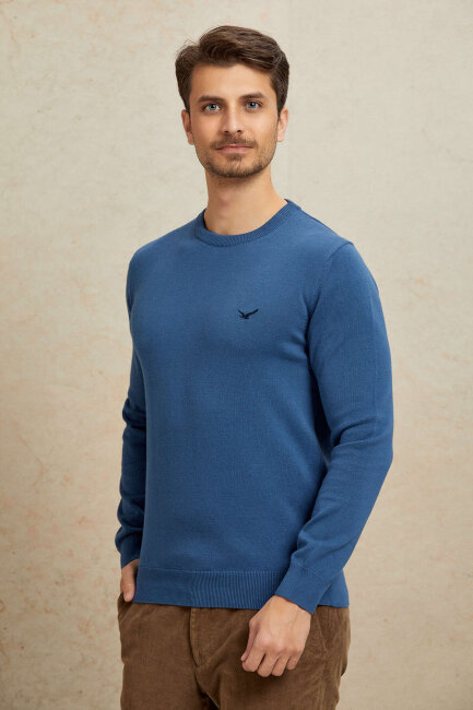 Dark Blue 100% Cotton Round Neck Sweater - 5