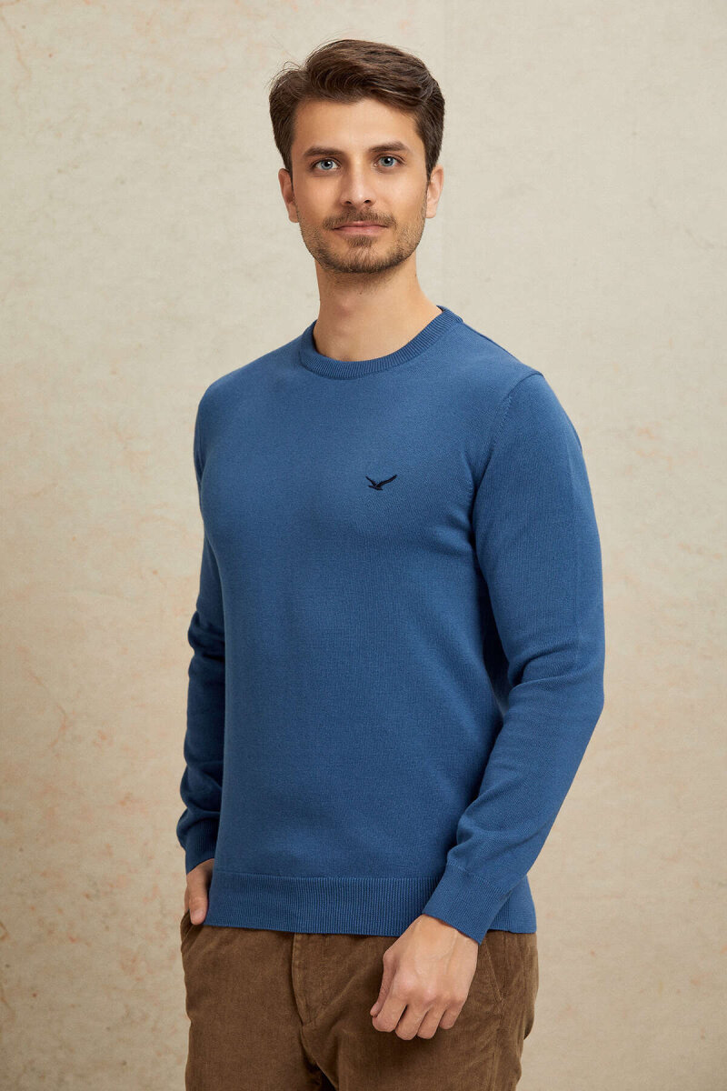 Dark Blue 100% Cotton Round Neck Sweater - 5