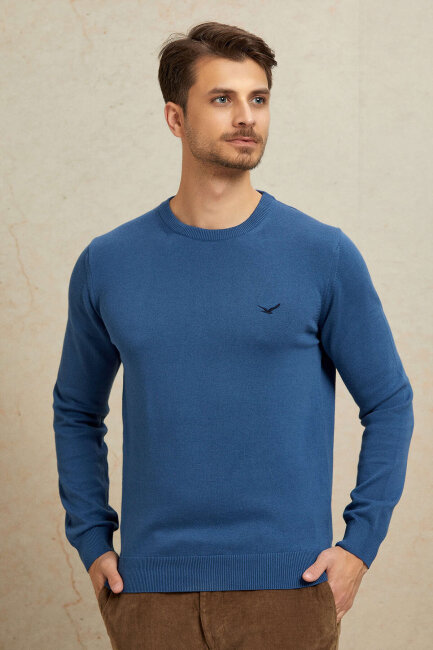 Dark Blue 100% Cotton Round Neck Sweater - 6