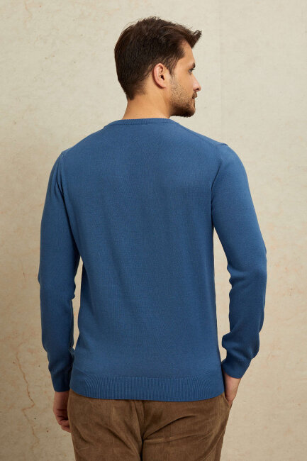 Dark Blue 100% Cotton Round Neck Sweater - 7