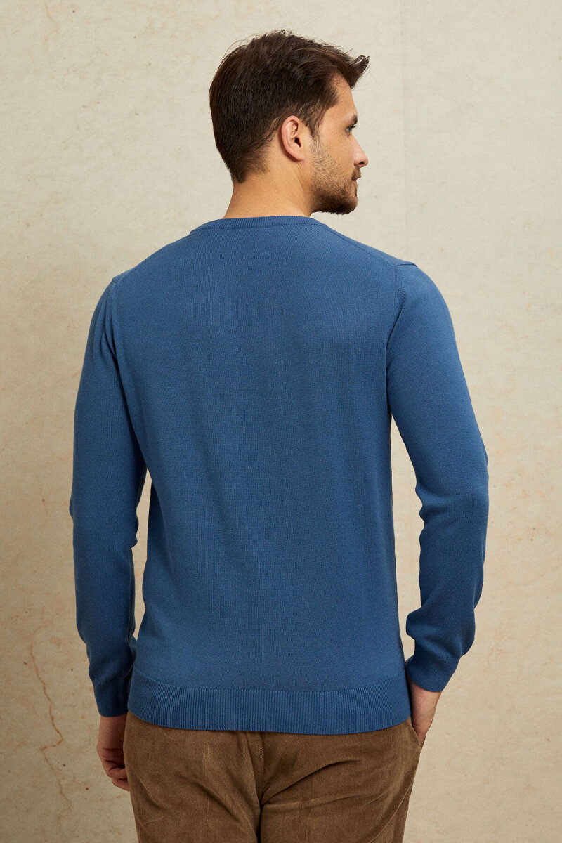 Dark Blue 100% Cotton Round Neck Sweater - 7