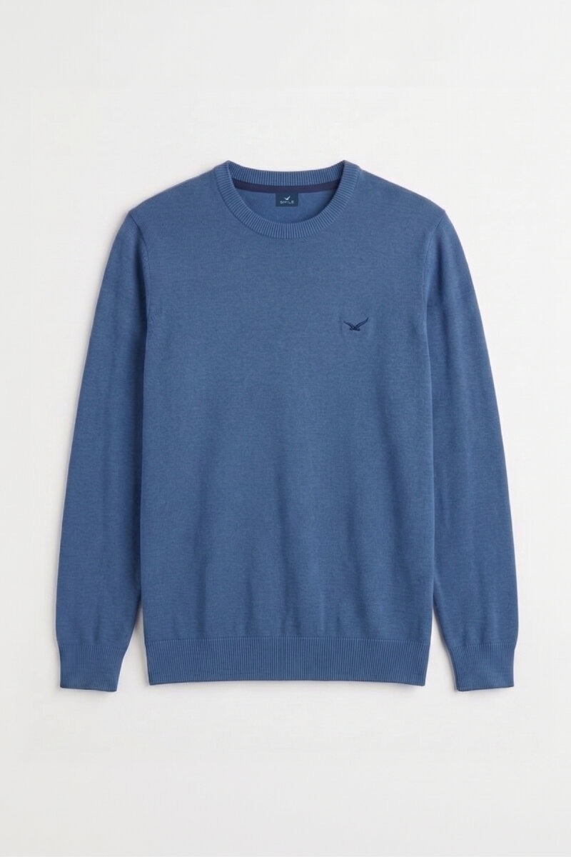 Dark Blue 100% Cotton Round Neck Sweater - 1