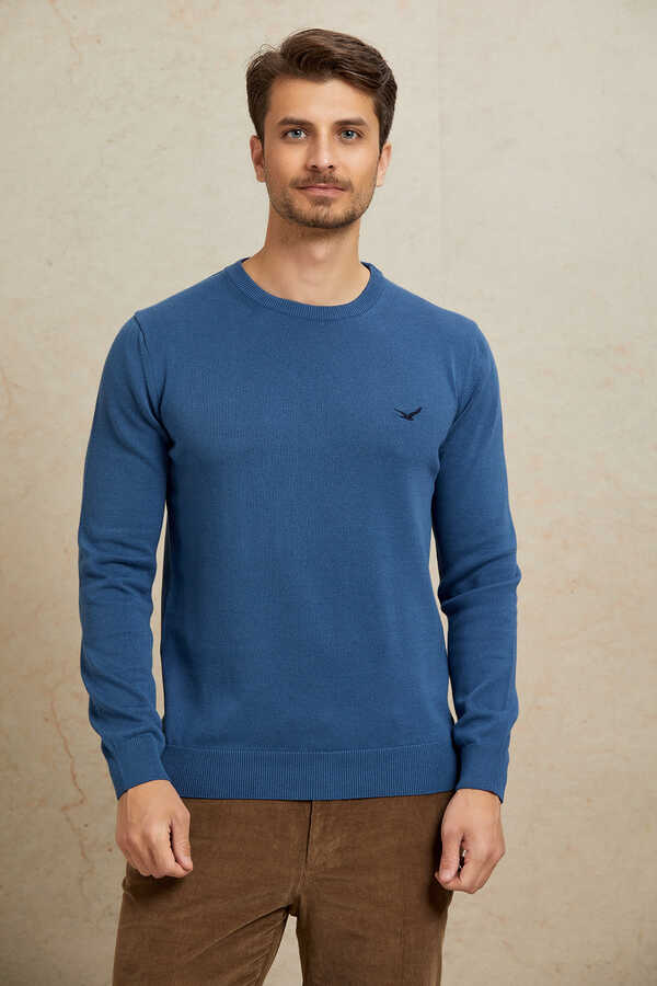 Dark Blue 100% Cotton Round Neck Sweater