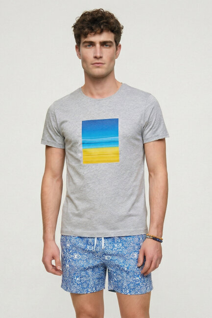 Grey Melange 100% Cotton Printed T-shirt - 1
