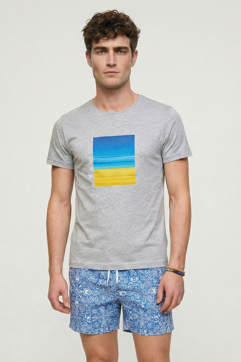 Grey Melange 100% Cotton Printed T-shirt