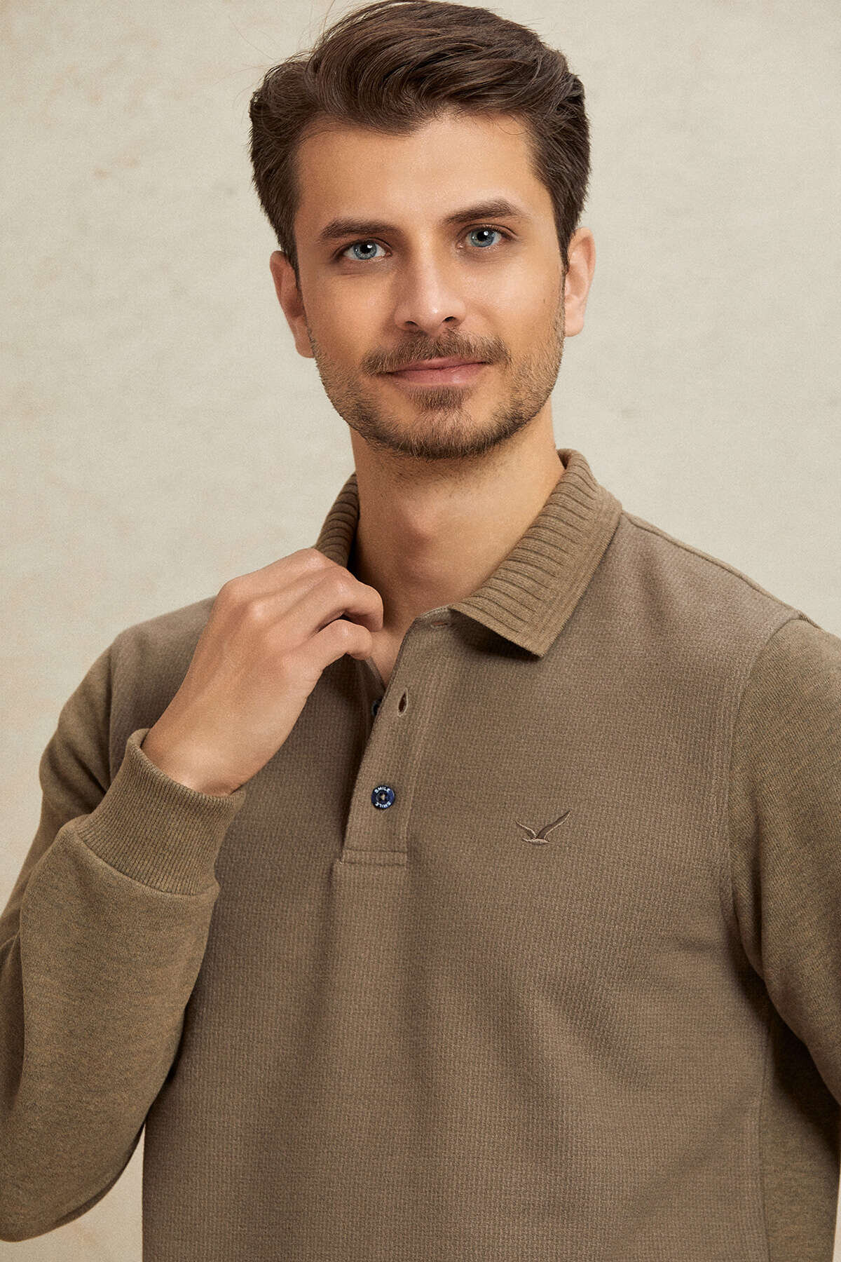 Bej Pamuklu Polo Sweatshirt - 2