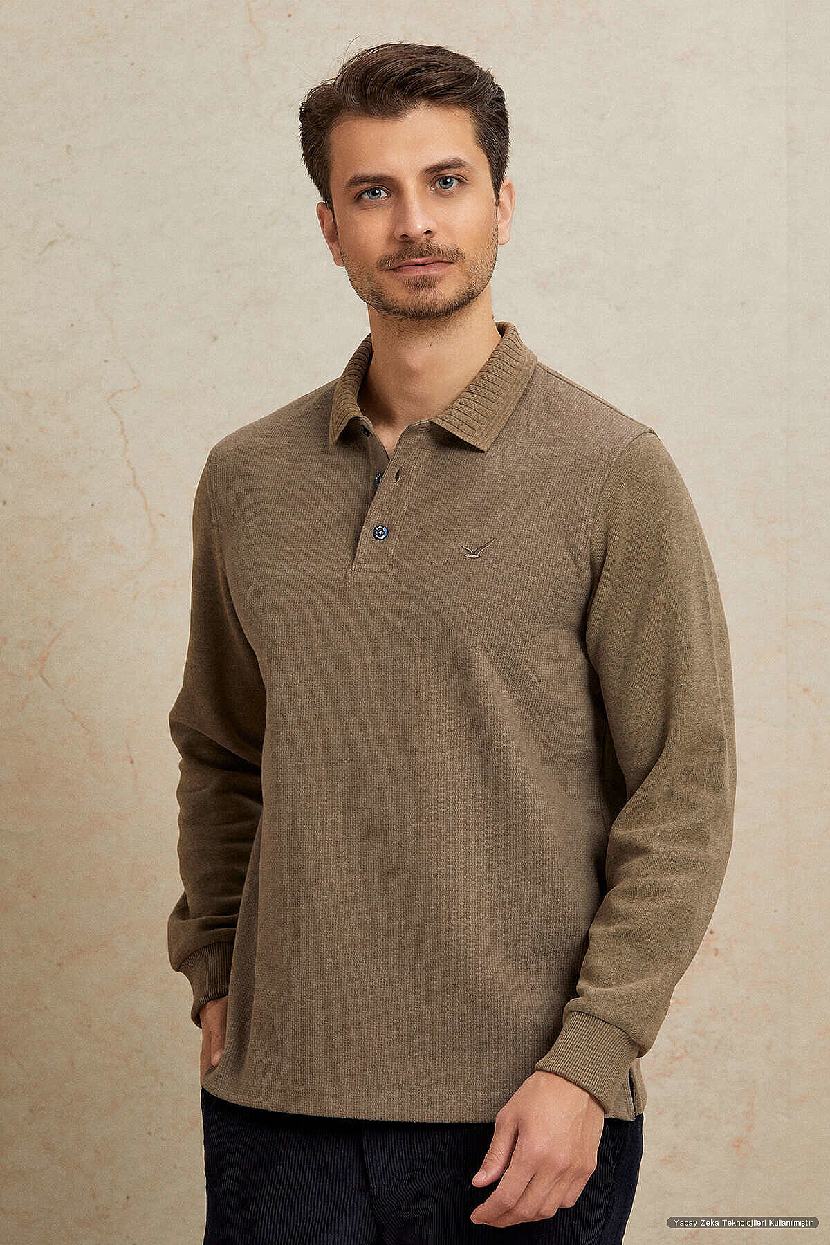 Bej Pamuklu Polo Sweatshirt - 2