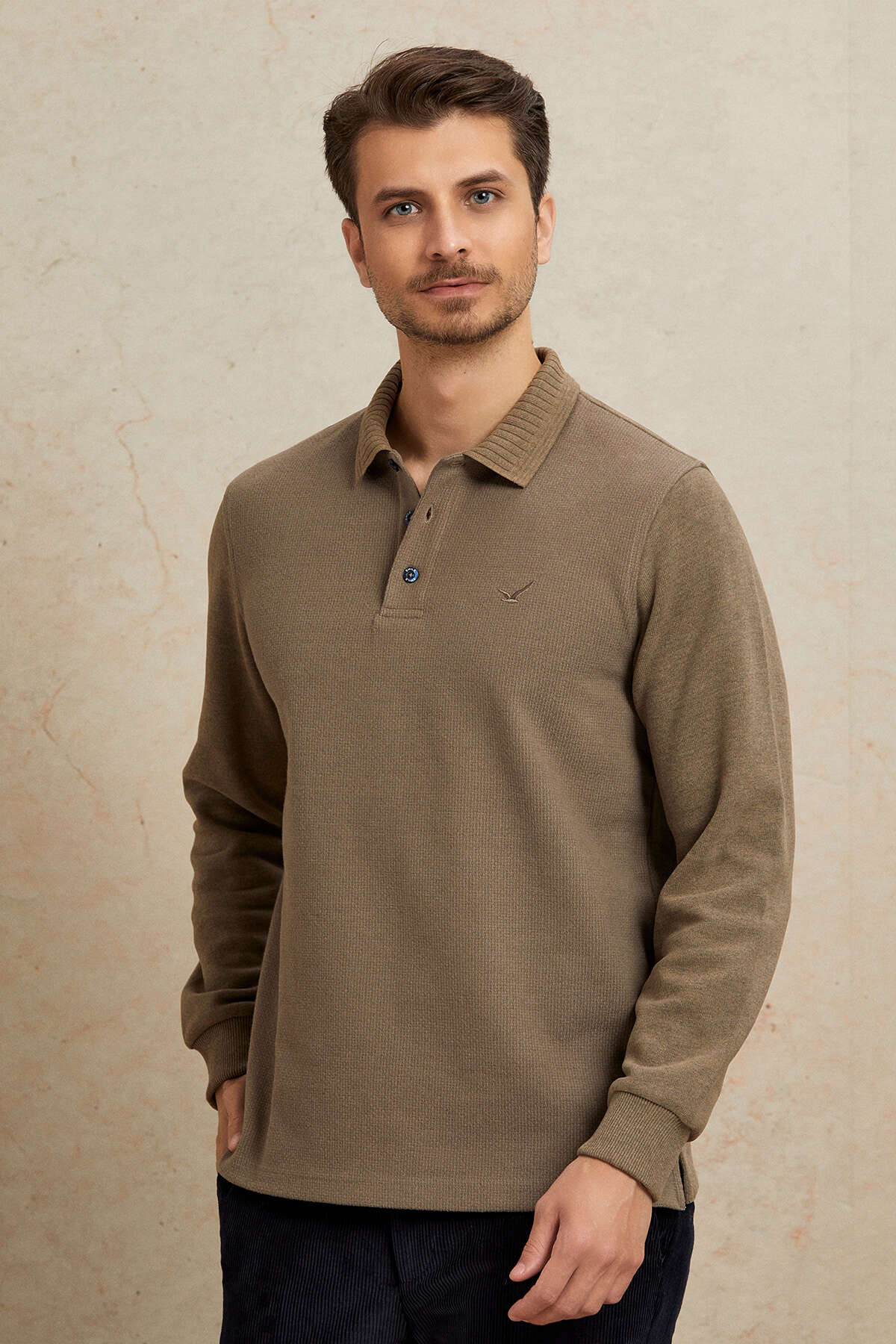 Bej Pamuklu Polo Sweatshirt - 1