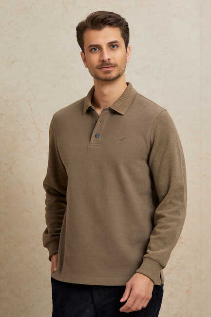 Bej Pamuklu Polo Sweatshirt 