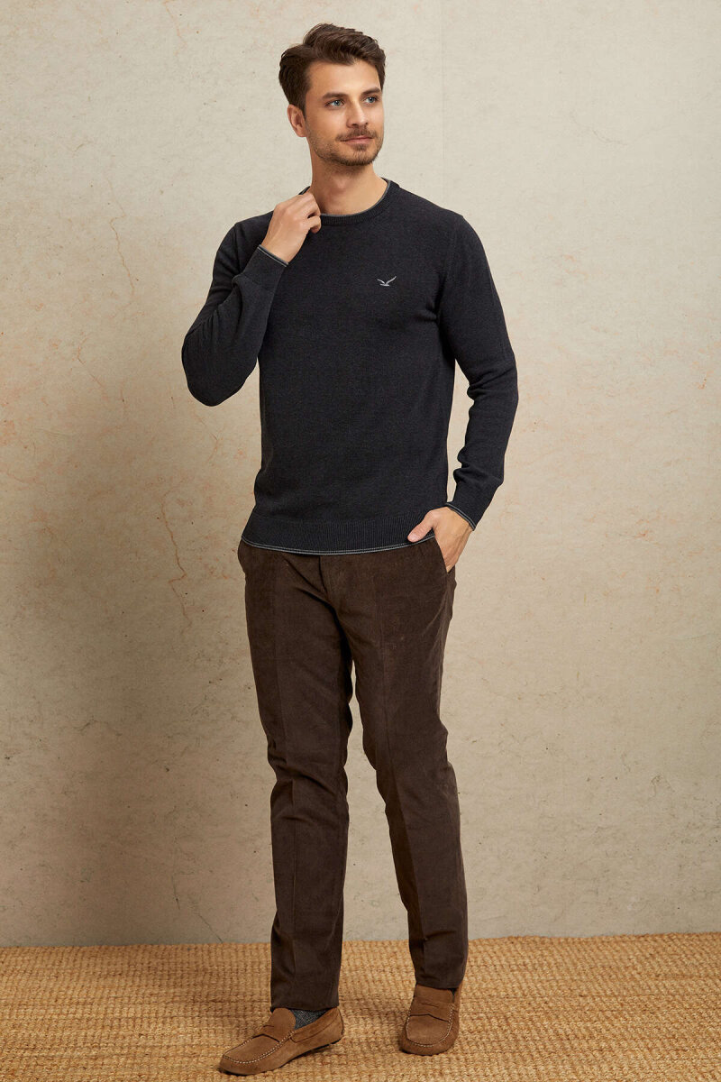 Anthracite 100% Cotton Round Neck Sweater - 3