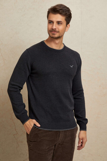 Anthracite 100% Cotton Round Neck Sweater - 4